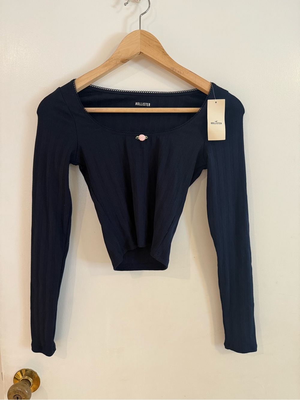 Hollister Navy Ribbed Long Sleeve Scoop Neck Top